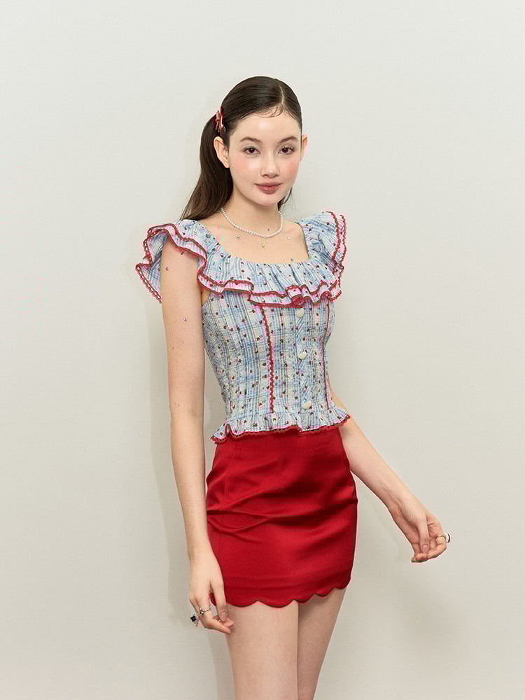 Print Red Floral Off-the-shoulder Top Blue Plaid Neckline