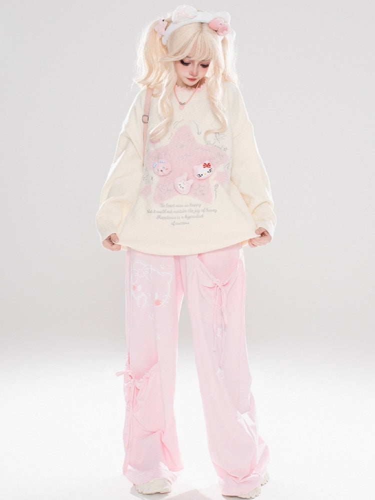 Light Blue/Light Yellow Star Applique Cute Kitties Adorned Loose Sweater