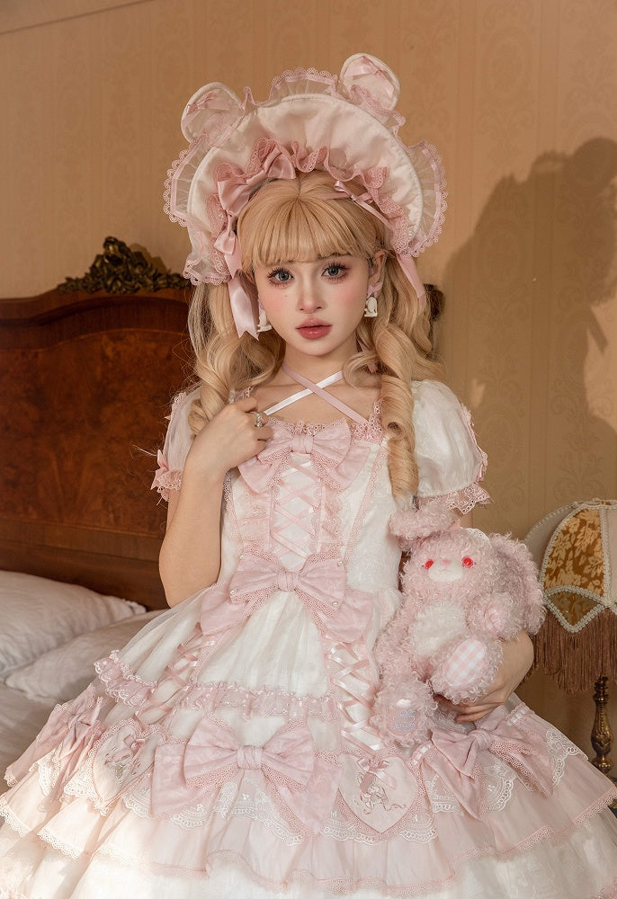Heart White Lolita Sweet Applique Bunny and Embroidery Accents Dress Pink Bow