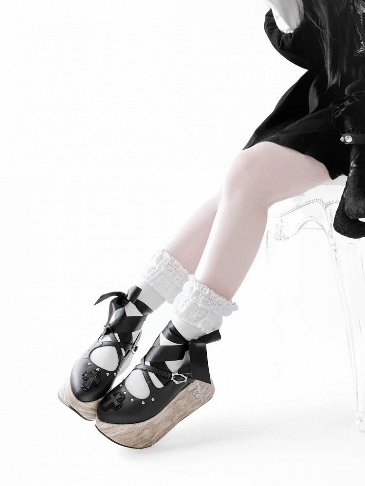 Cross Gothic Black Heel Applique 7cm and Platform Shoes with Lace-up Ankle