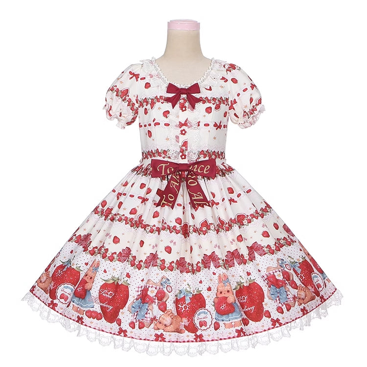 春のイチゴとウサギのプリントレーストリムリボンアクセントベージュスイートドレスロリータワンピース