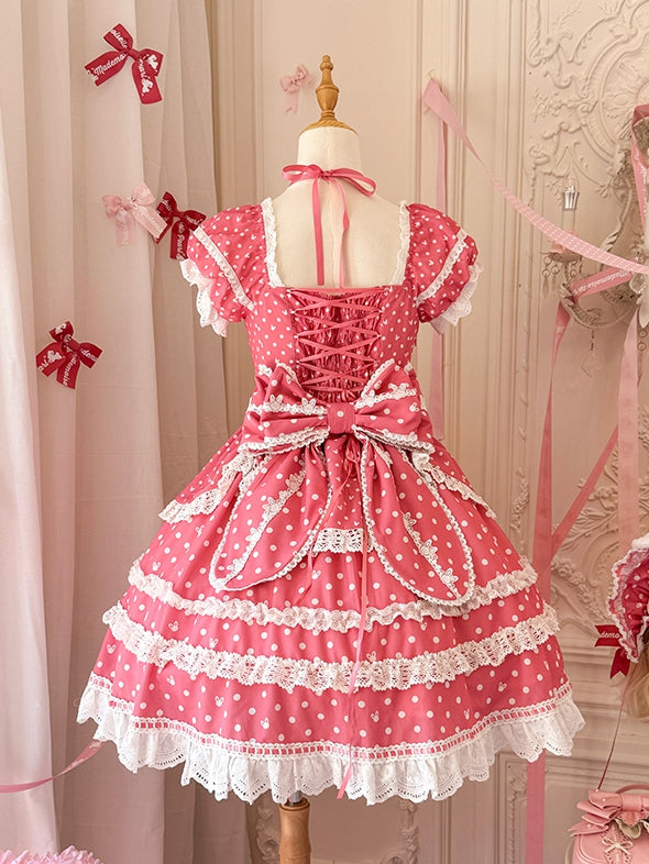 Ears Square Pattern Dress Bunny Polka Dots Lolita Neckline Pink Plush Sweet Dark