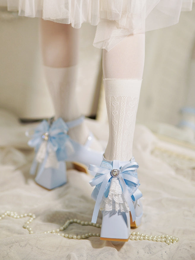 Blue Heels Top Knotted Buckles at Bow High Trim Lace Block Heart