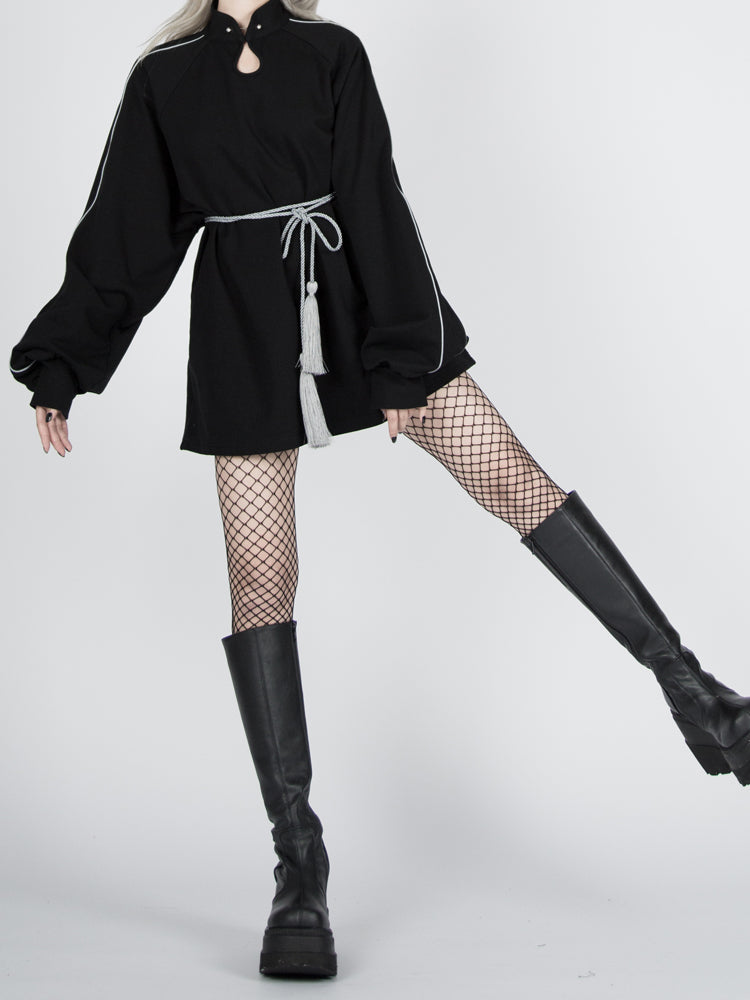 Tassel Black Reflective Sweatshirt with Qipao-Style Cyberpunk Belt