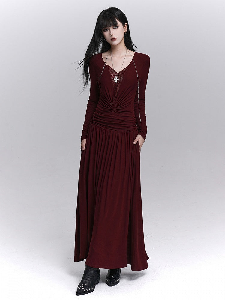 Maxi Gothic Detailing with Dark Red Abdomen Dress Lace V-Neck Ruched
