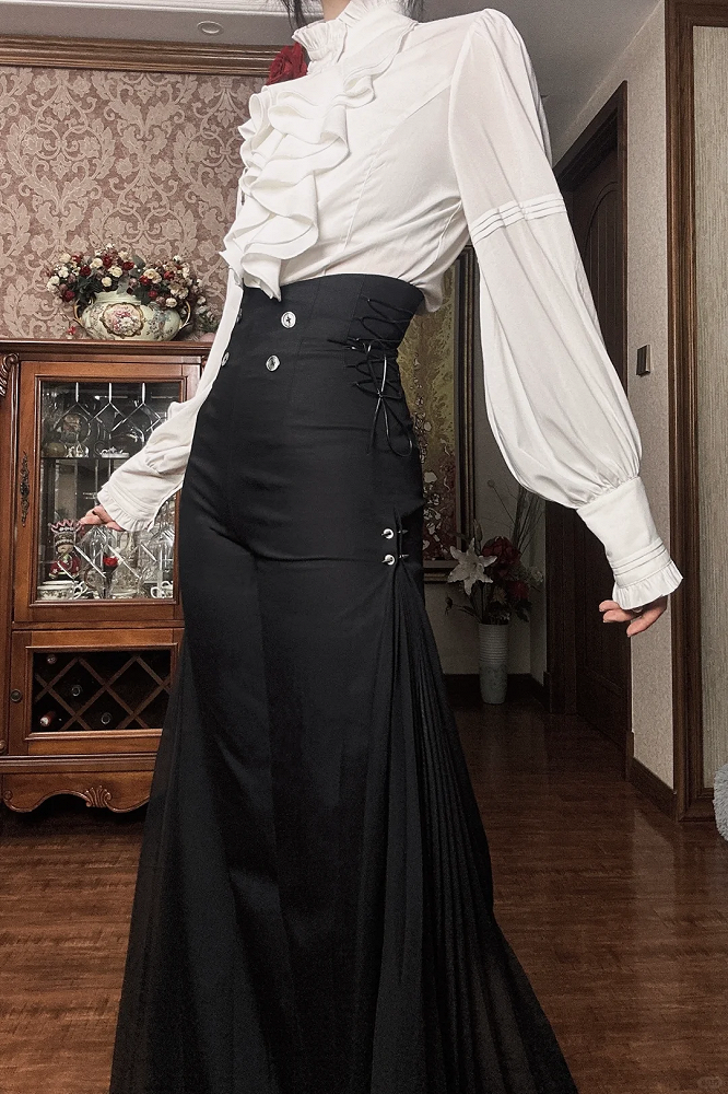 Pleated Ouji Wide-leg Pants High Fashion Chiffon Black Side Panel with Waist