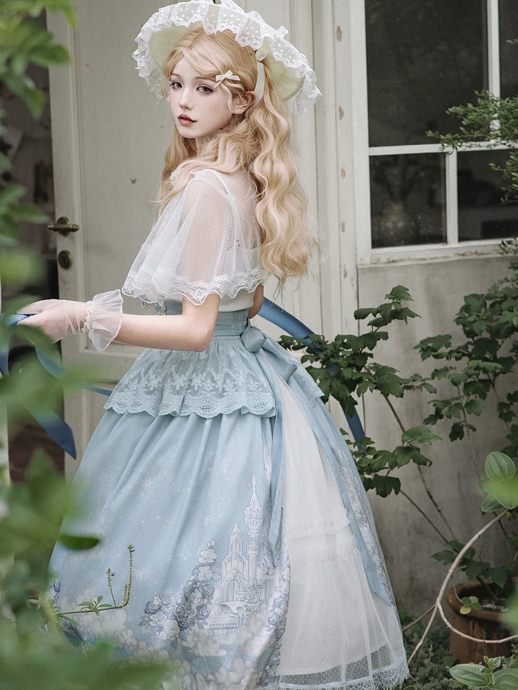 White Skirt High Cape Waist Top Cami + Tulle Print Castle Blue