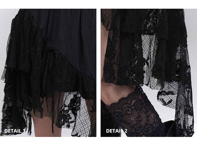Patchwork Black Lace Cascading Ruffles Skirt