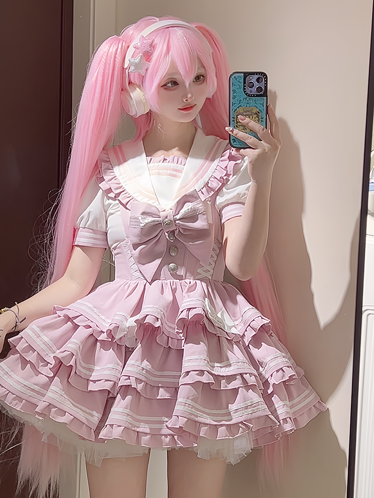 Accents Tiered Skirt Sweet Pink Overalls Flutter Sleeves Bow Lolita Dress Light