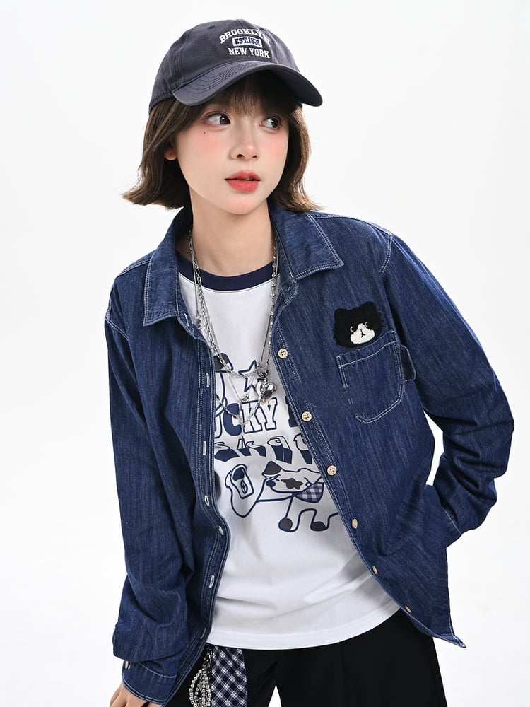 Top White/Blue Colorblock Design Adorable Puppy Print Loose