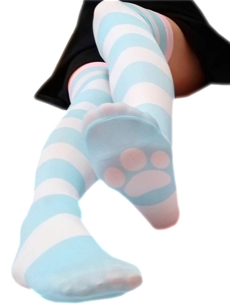 Blue & White Striped Cat Paw Pattern Over Knee Stockings
