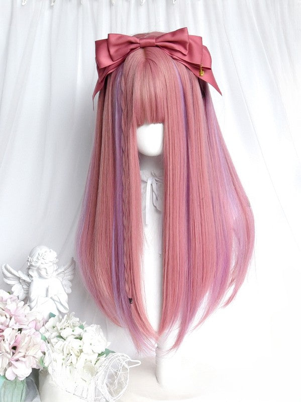 Straight Highlight And 60CM Pink Purple With Wig Full Bangs Length