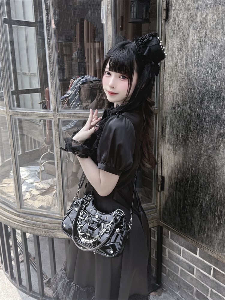 Back Bow Tie Black Ruffled Lace Trim Self-tie + Jirai Kei Chiffon Dress