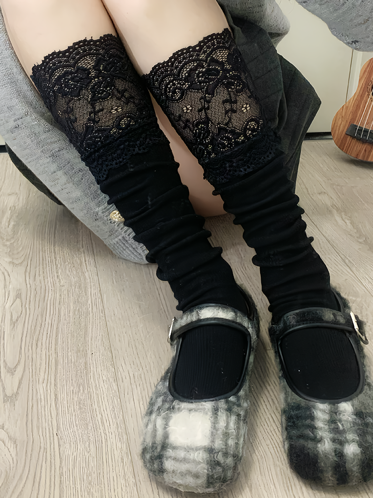 Chaussettes mollet blanches/grises/noires avec bordure en dentelle douce