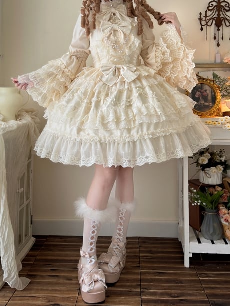 White Dress Hanayome Lolita Jumper Bows Skirt Decorated Lace Apricot Trims