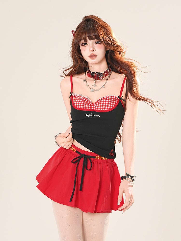 Drawstring Waist A-line Mini Skirt Red/Blue