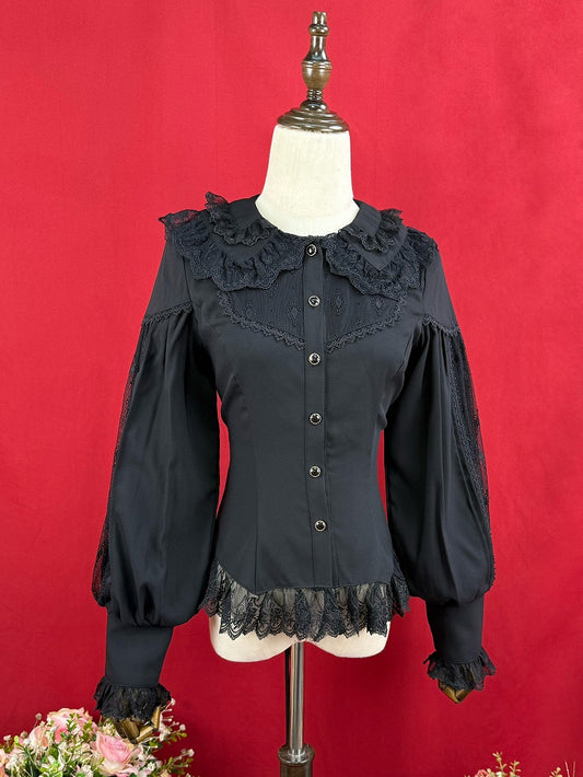 Schwarzes, elegantes Langarmhemd mit doppellagigem Kragen