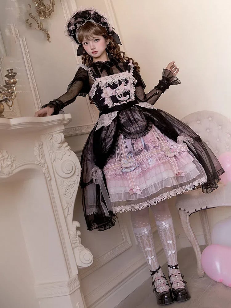 Schwarz-Rosa Vorhang Tüll Overlay Fliegender Pferderock Lolita Pulloverrock