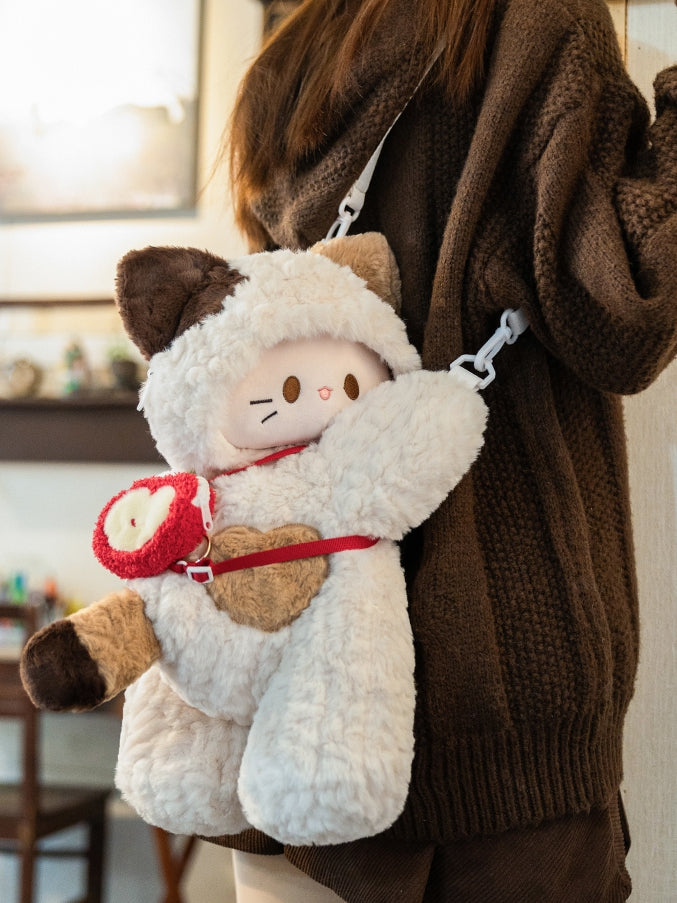 Plush + Options 4 White Backpack/Crossbody Keychain Bag Small/Middle/Large Size Kitty-shaped