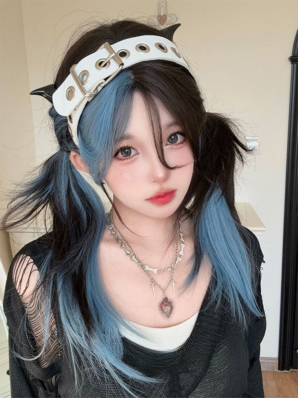 Black and Blue Highlights Long Straight Synthetic Wig With Bangs