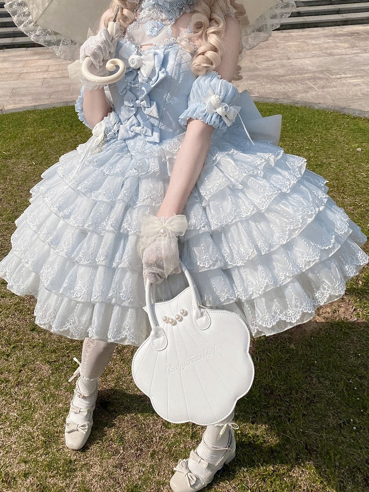 Prinzessin Neck Saum Rüschen Neckholder Balletcore Lolita Lagenkleid Blau mit