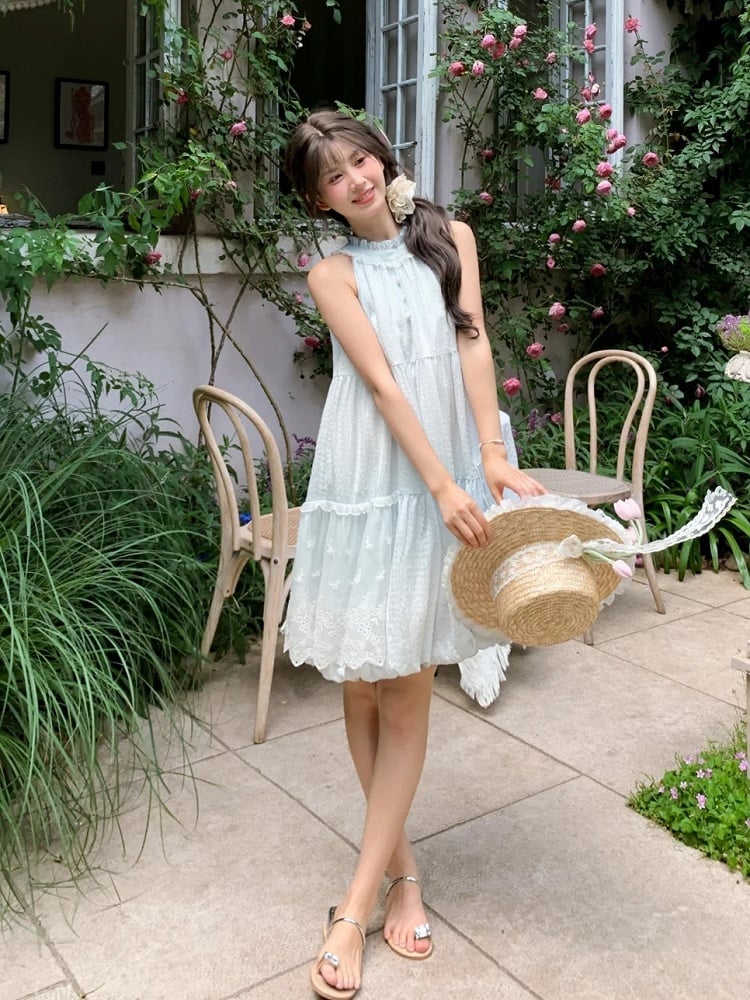 Light Skirt Buttons Sleeveless Dress Halter Neck Bubble Blue Ruffled Bead