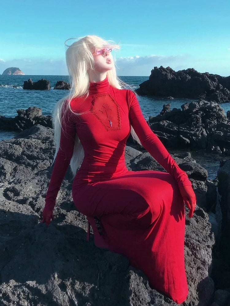 Gothic Red Coffin Cutout Cross Details High Neck Mermaid Skirt Maxi Dress
