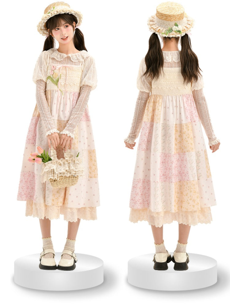 Mori Kei Beige & Pink Tulip Floral Patchwork Summer Dress