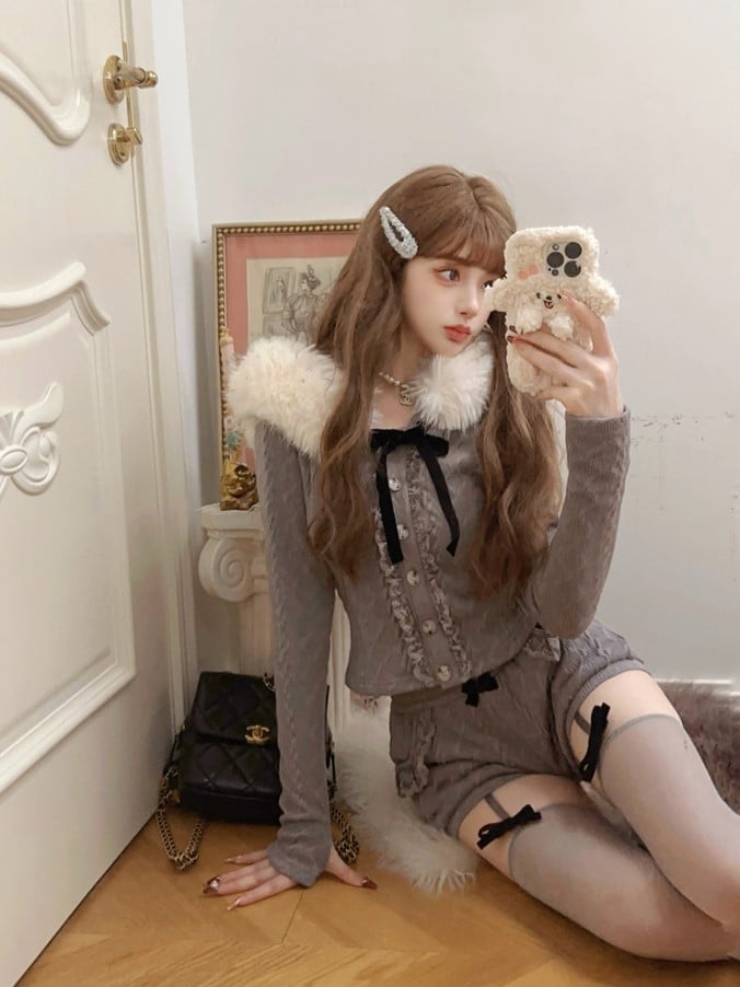 Fur With Hoodie Collar Detail Cardigan Black Gray Knit Faux Bow