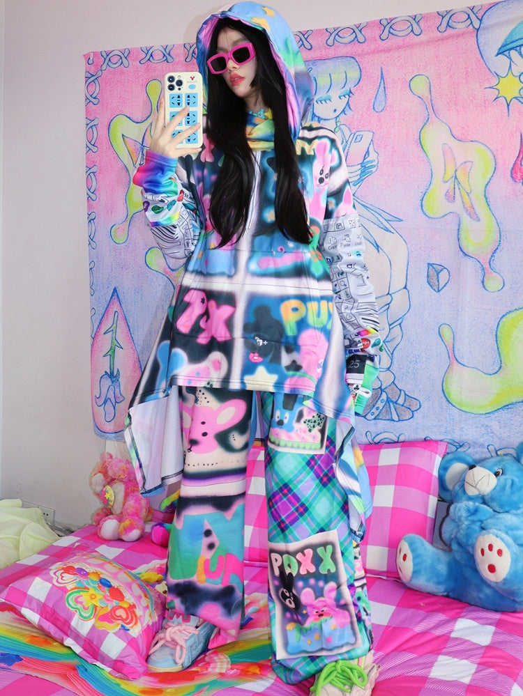 Pants And Flare Letter Cartoon Pattern Silhouette Y2K Colorful Plaid Print