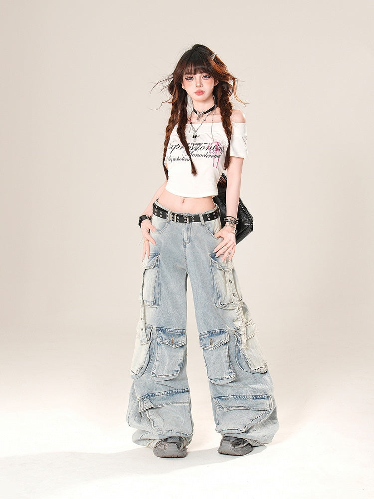 Low Blue/Black Waist Cargo Pockets Wide-Leg Jeans