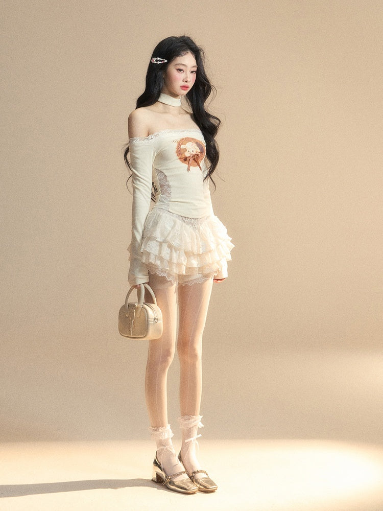 Lamb Print Waist Glamorous Top Patches Apricot Off-the-shoulder Lace Neckline