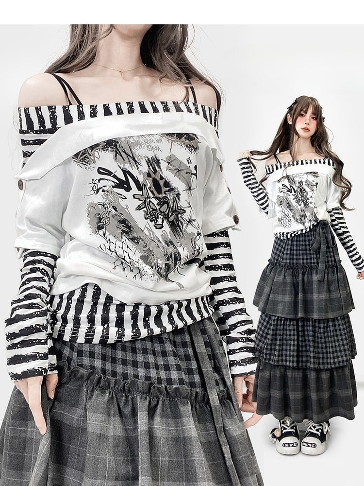 Striped Sleeves WhiteBlack Top Design Print Pattern Neckline Long Off-the-shoulder