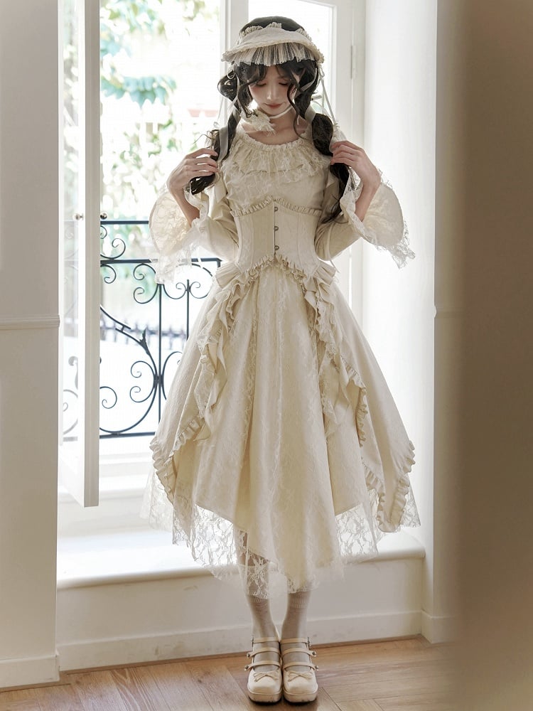Beige Spitzenpatches Unregelmäßiger Rock Rosenstoff Lolita Kleid