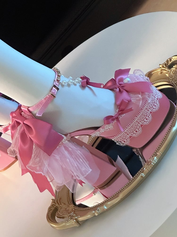 Pink Bows Lace Trim Rhinestone Ankle Strap Block Heel Hime Lolita Shoes with Beaded Chains