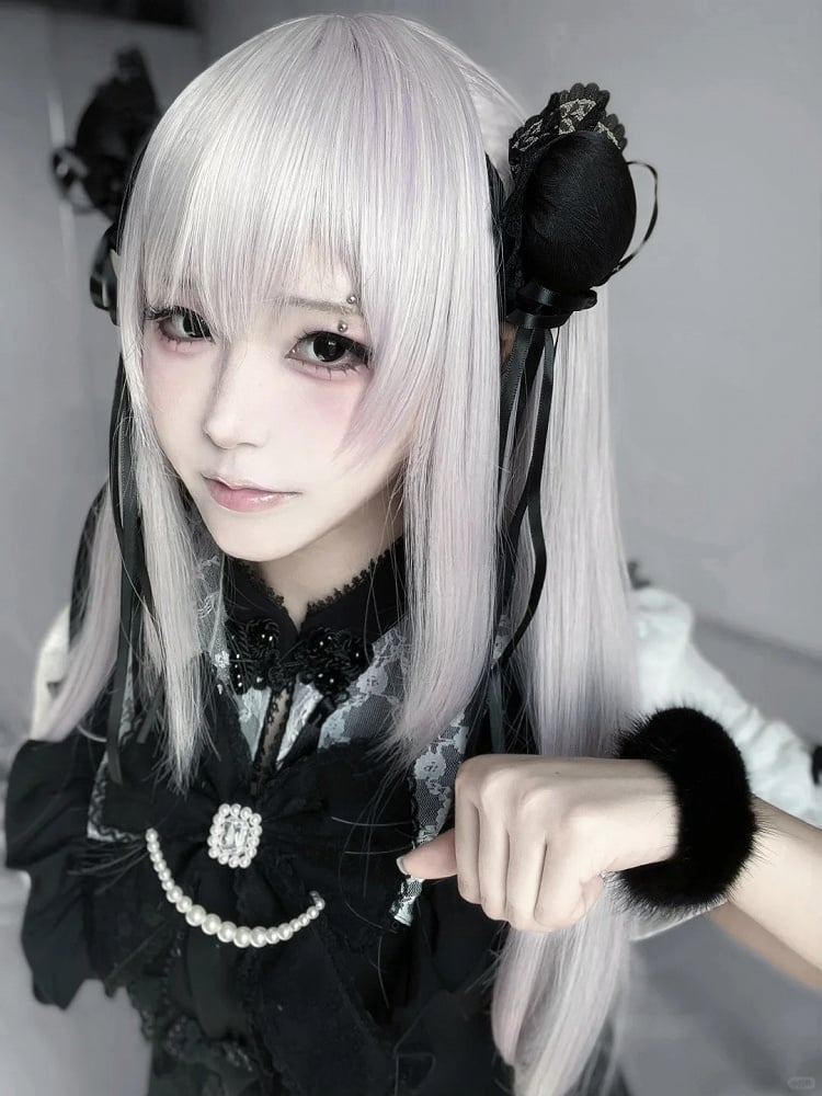 Kei Set-Cheongsam Collar Sleeves Dress+Shorts+Bow Black Y2K Jirai Short Tie+Hairclips