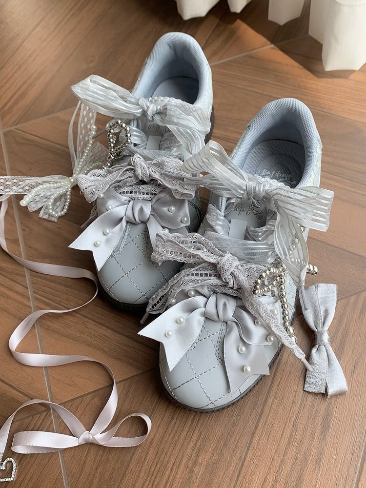 Krawatten Grau Perlen an Spitze Sneakers Vorne Top Schnürung Verzierte Schleife