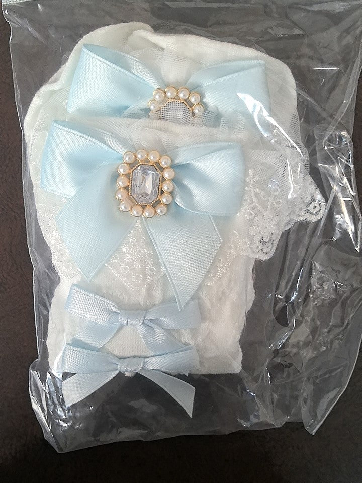 Cuffs Socks Rhinestone Bowknot Kei Jirai Lace Calf Details White/Black