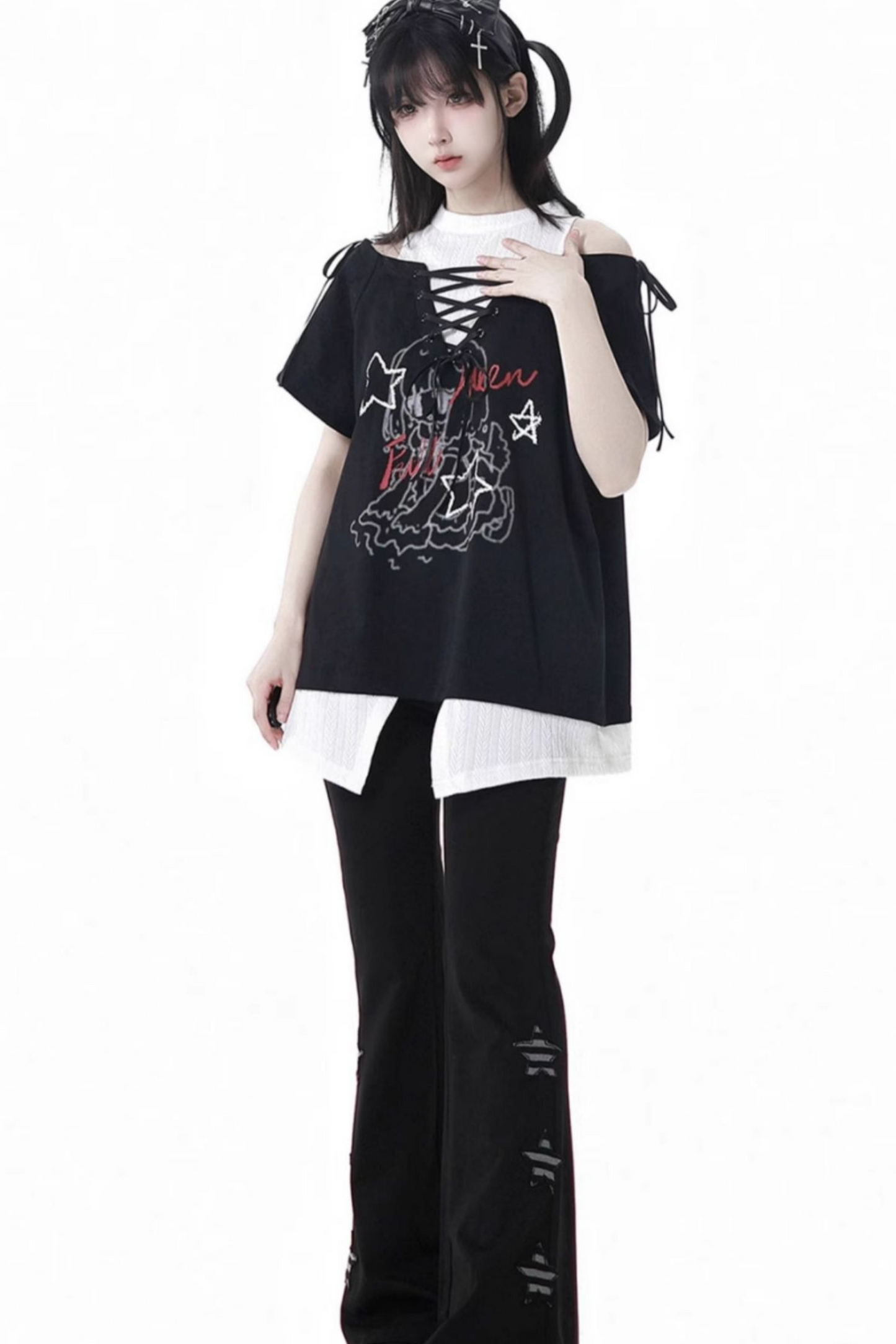 Lace-Up Flared Pants Illustrated Top Subculture + Girl