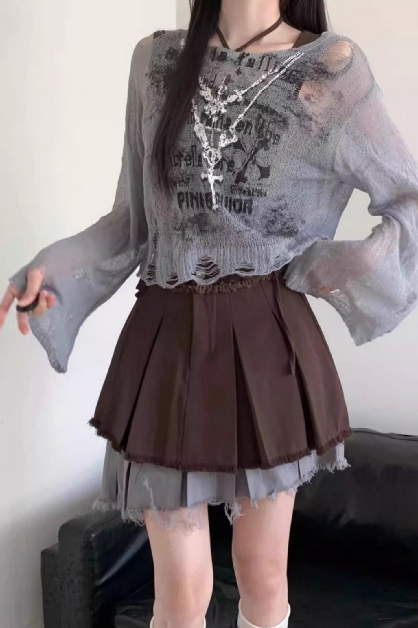 skirt + blue bustier top dark check y2k asymmetrical