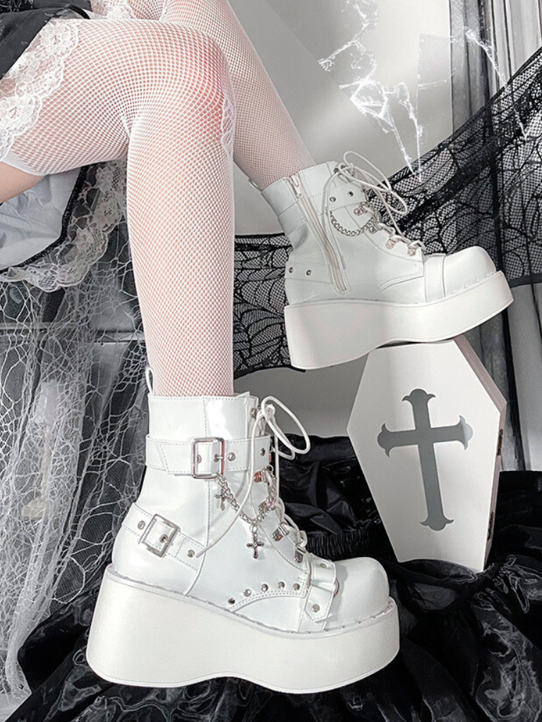 Stiefel Plateau Runde Punk Cross Toe