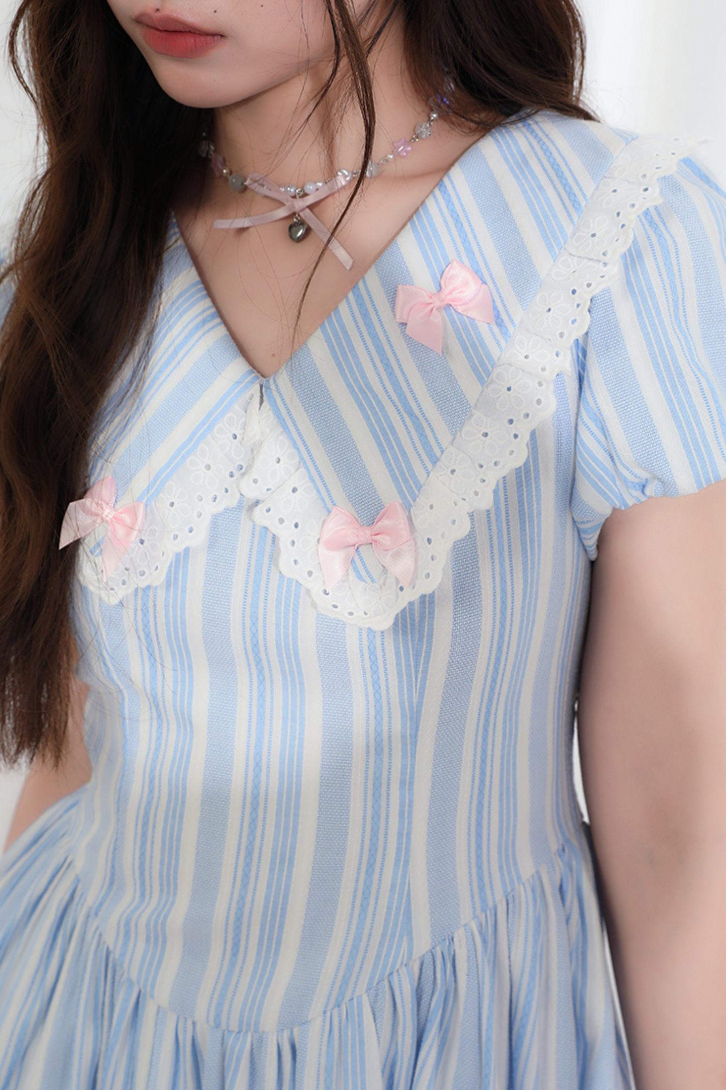 Lace Dress Stripe Blue Bow