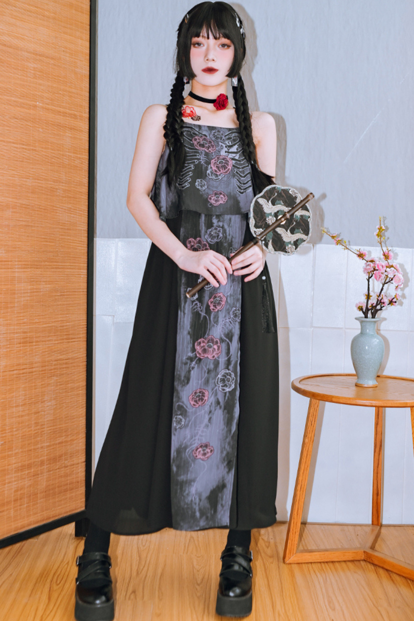 Print Dark Bone Dress Flower Halter