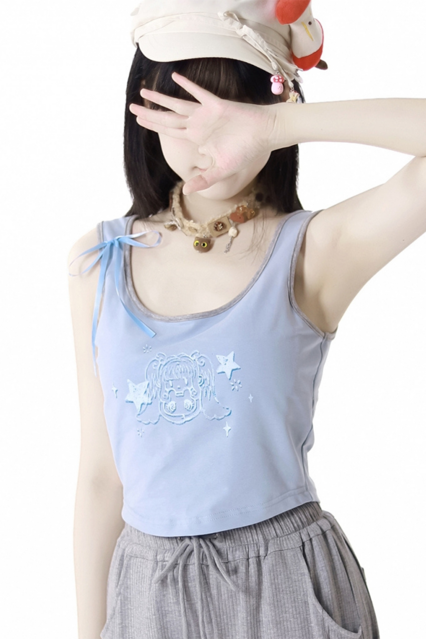 One-shoulder top + pants lace-up camisole