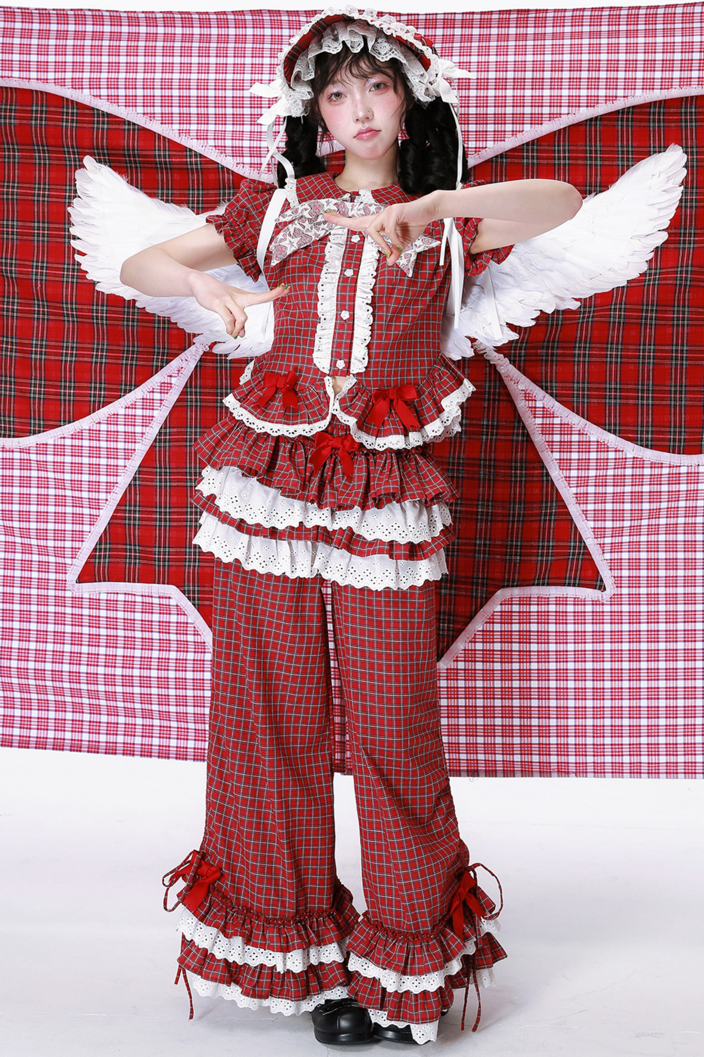 Check Lace Ruffle Retro Long Pants