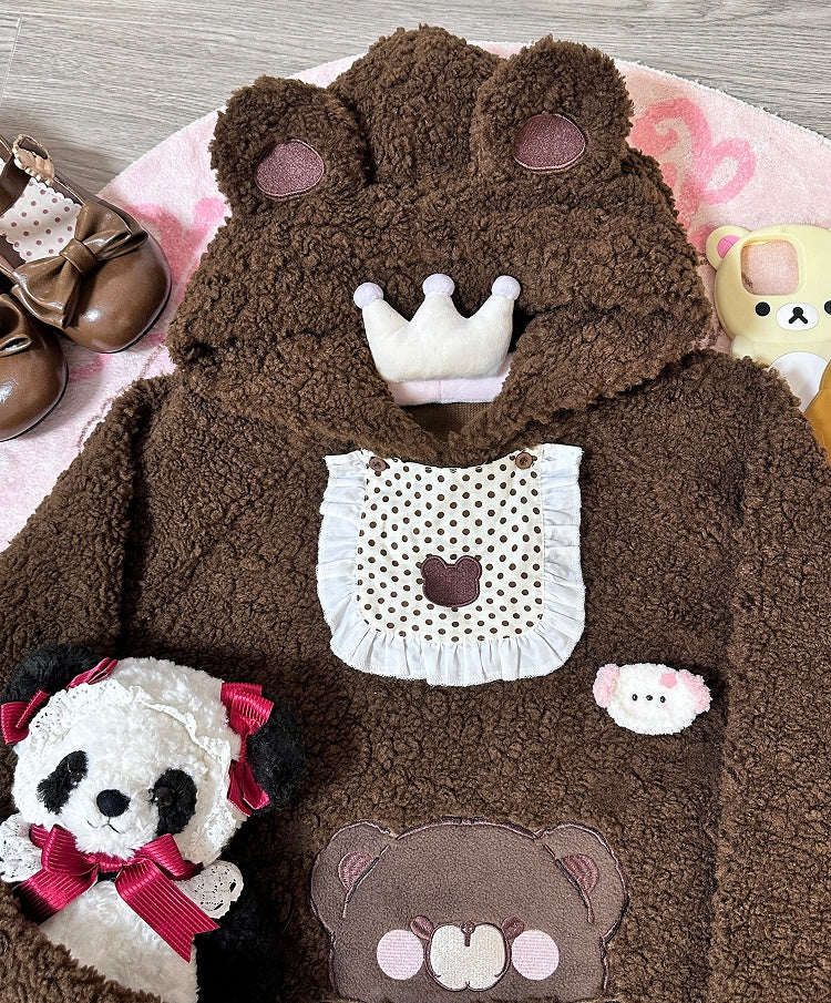 Brown Plush Fleece Hoodie with Bib Design
