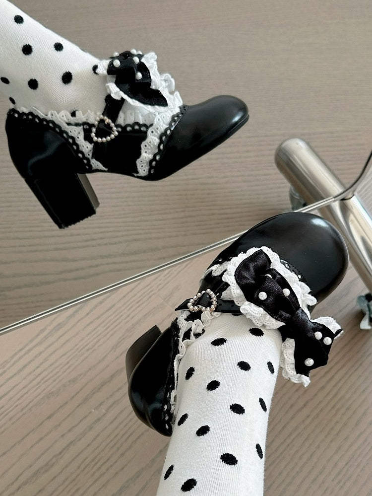 Bow Sweet Beaded Accent Scalloped-Edge with Mary Black Strap Buckle Decorated Leather - Janes Lolita PU