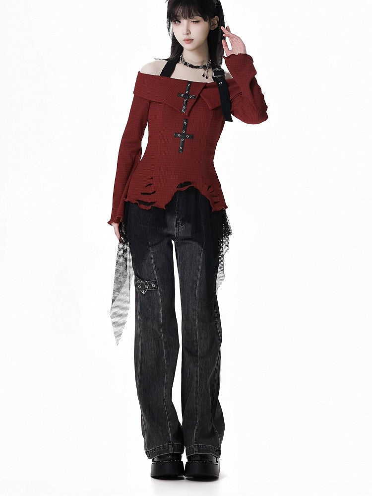 Detail Faded Wash Distressed Gray Flared Jeans Heart Buckle