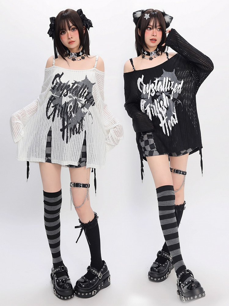 Y2K Slit Black/White Off-the-shoulder Graphic Hem Neckline Coverup