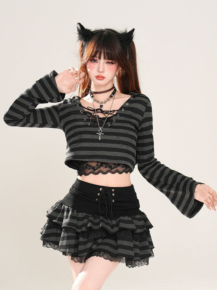 Glamorous Tiered Skirt Black Striped Lace Trim Lace-up Waist